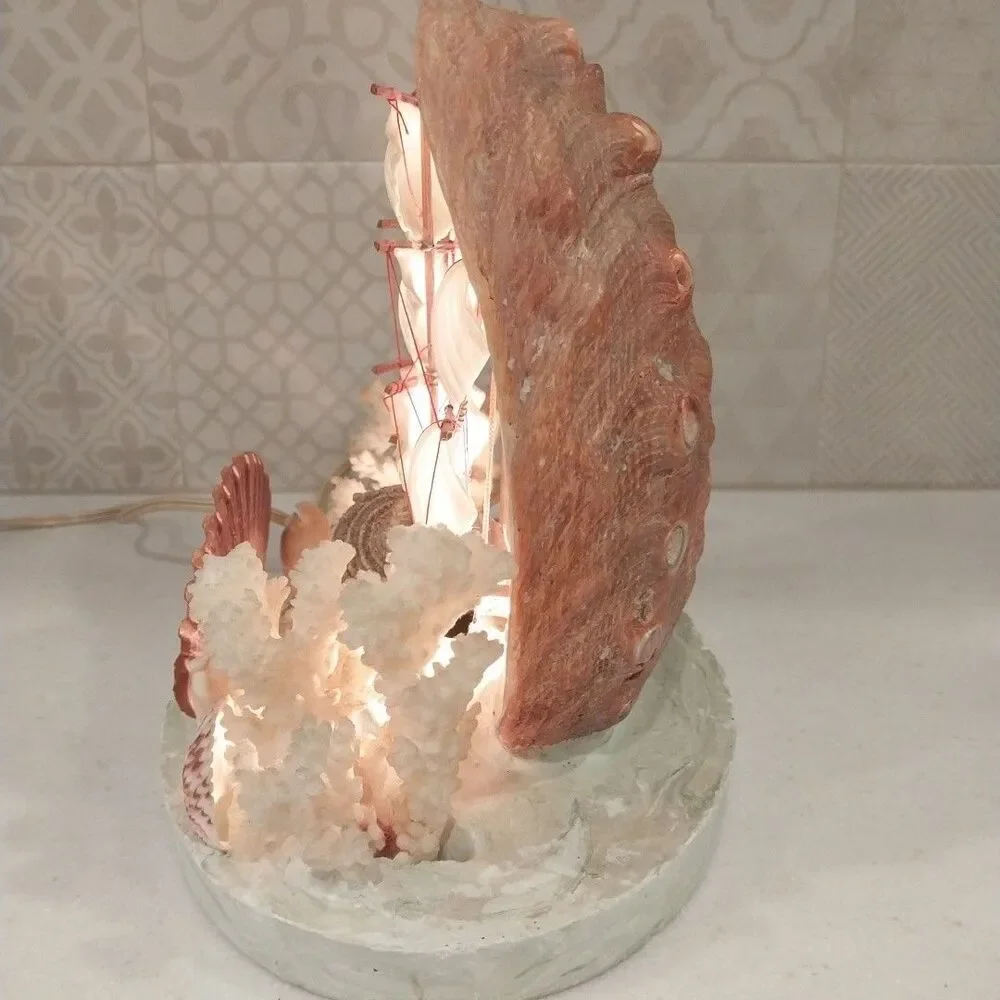 Vintage Abalone Shell Sailboat Lamp Handmade Nautical Coastal Coral Light Decor